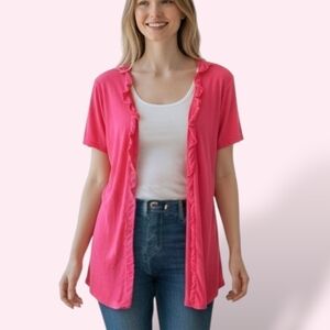 💕Avenue+ Beautiful Pink/Red-ish Lightweight Cotton Cardigan With Ruffled Detail